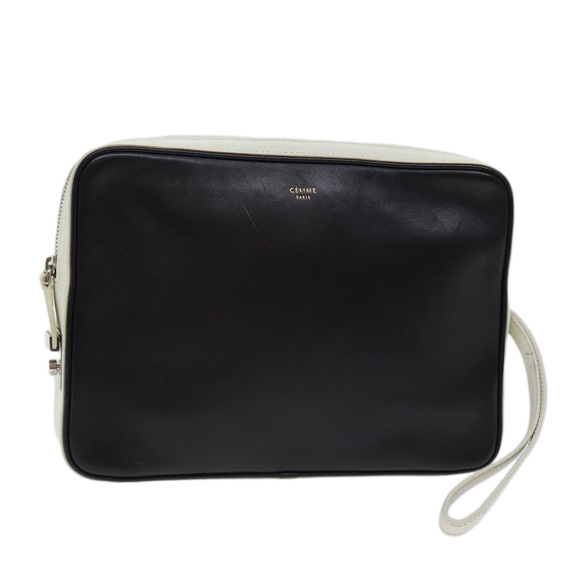 CELINE Clutch Bag Leather Black White Auth 72088
